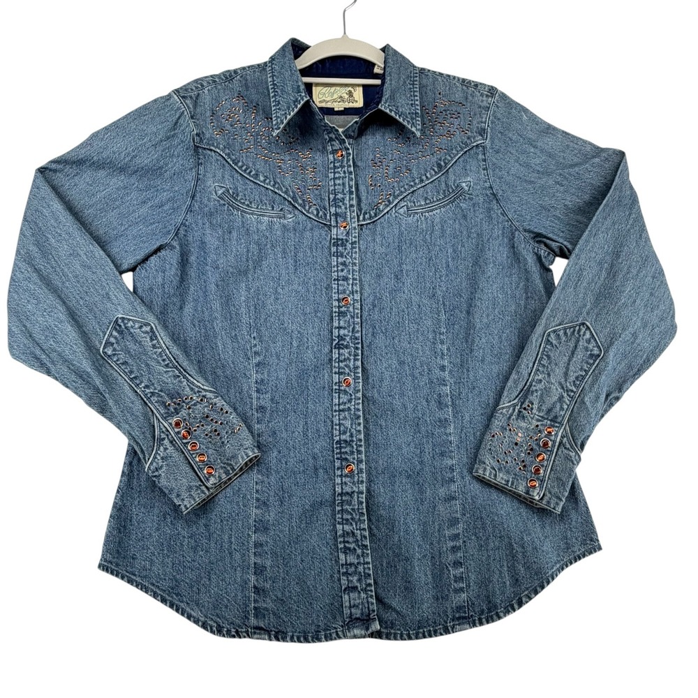 Roper Studded Western Snap Denim 100% Cotton Shirt Womens Large Rodeo Y2K Boho